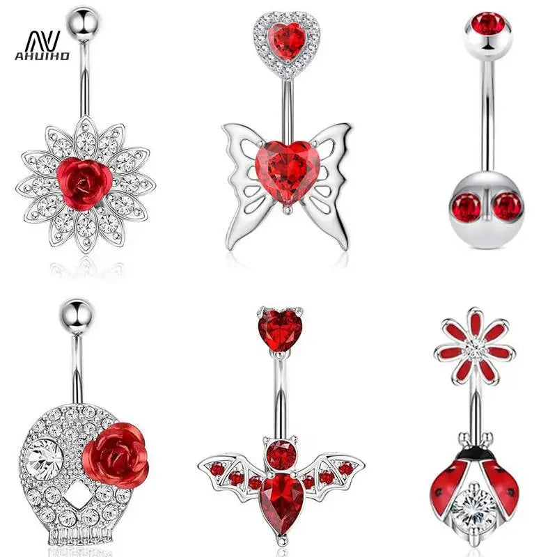 Fashion Punk Style Stainless Steel Belly Button Rings Red Color Zircon Crystal Navel Nail For Women Simple Body Piercing Jewelry