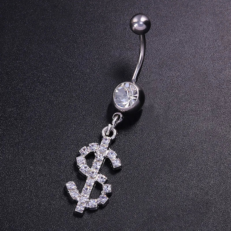 Surgical Steel Dollar Belly Button Crystal Piercing Navel Punk Style Navel Piercing Earring Belly Ring Sexy Body Jewelry Ombligo
