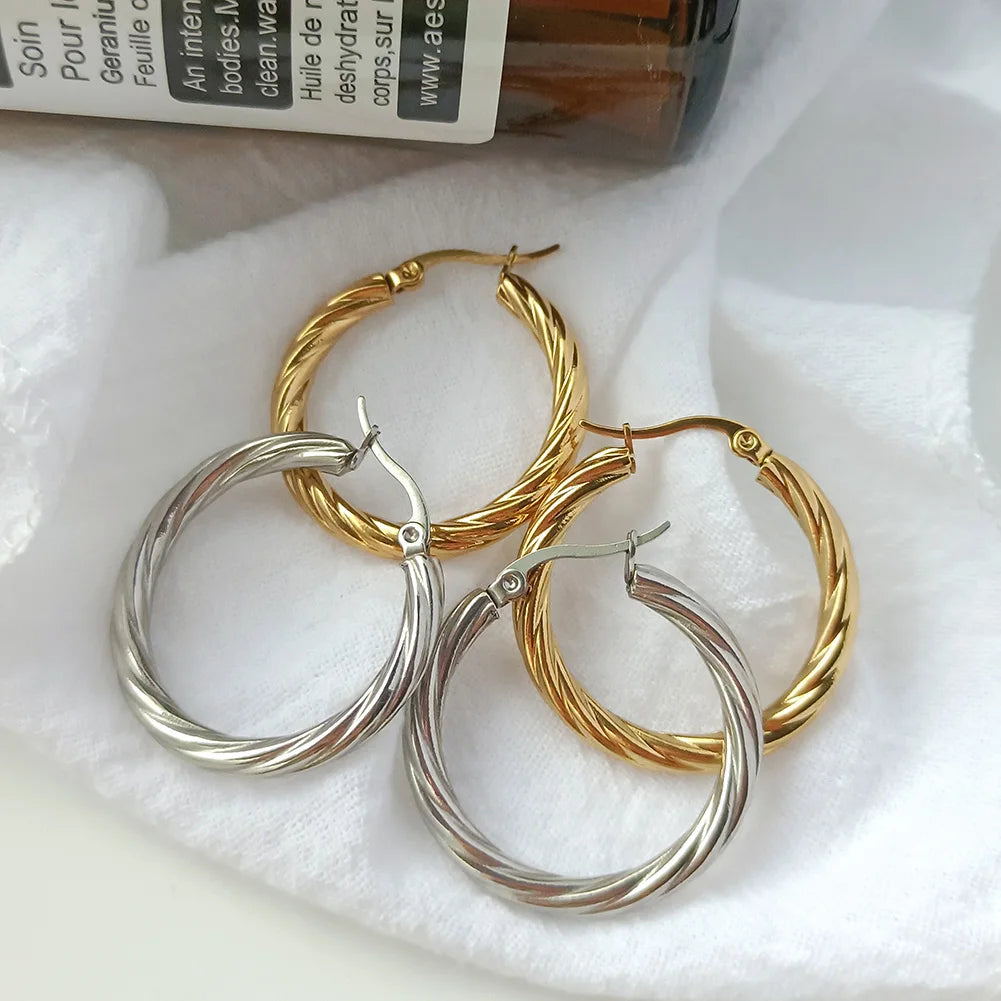 Stainless Steel Plated with 18K Gold Plated Twist Hoop Earrings for Women, Simple Ear Ring Hypoallergenic Jewelry