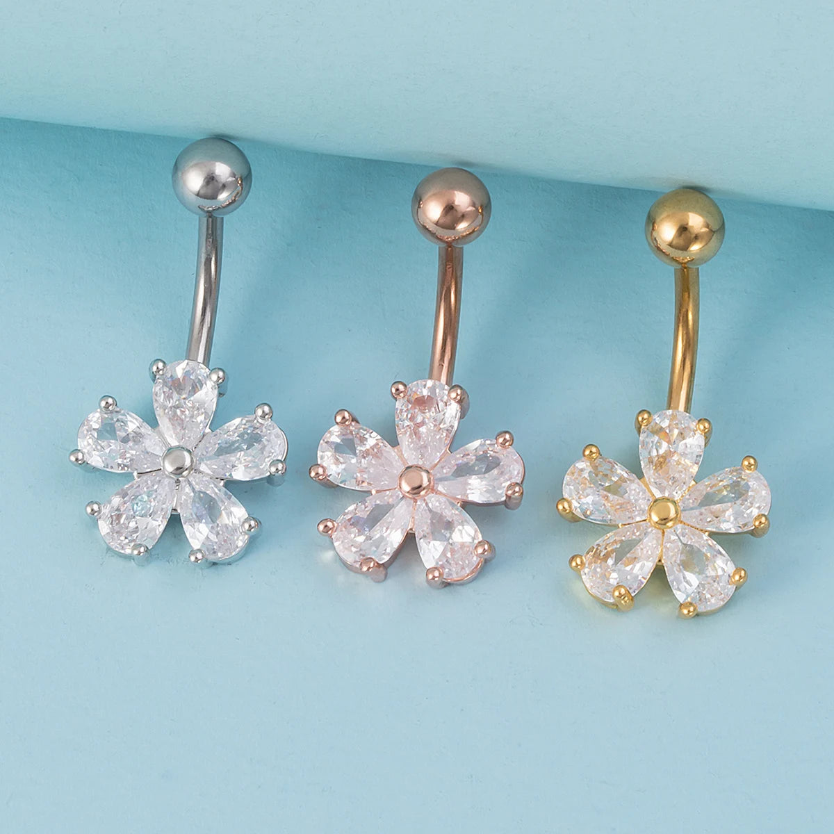 Flower Zircon Belly Button Ring Navel Piercing Stud Stainless Steel Bar Ombligo Stud Body Jewelry