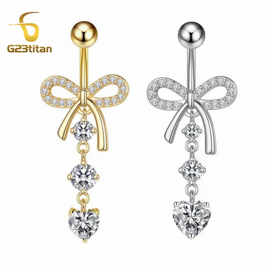 Titan Crystal Bowknot Heart Drop Belly Button Ring 6-16mm Titanium Curved Barbell 14G Navel Piercing Women Girls Body Jewelry