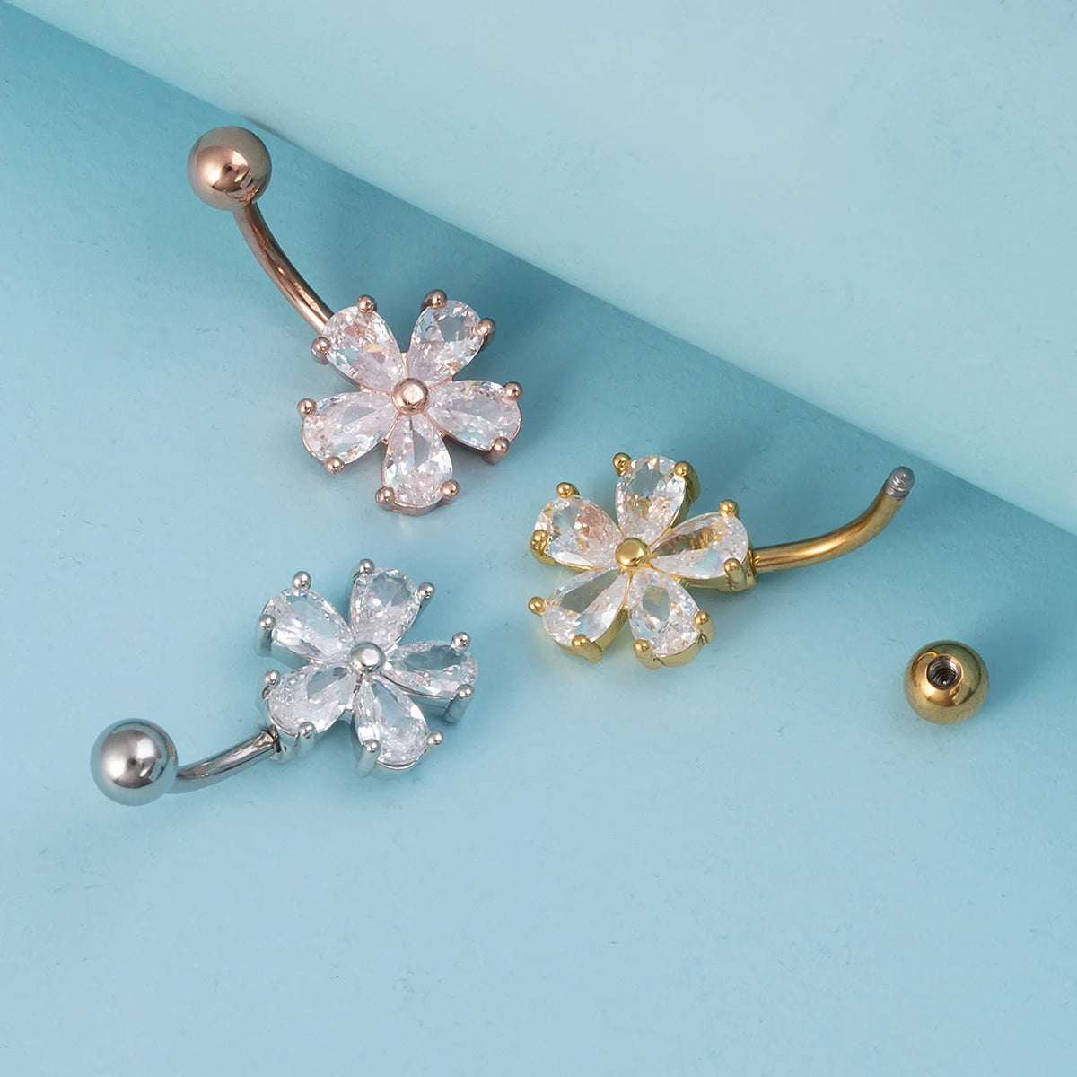 Flower Zircon Belly Button Ring Navel Piercing Stud Stainless Steel Bar Ombligo Stud Body Jewelry