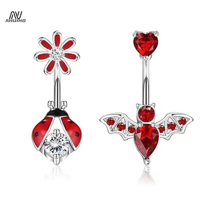 Fashion Punk Style Stainless Steel Belly Button Rings Red Color Zircon Crystal Navel Nail For Women Simple Body Piercing Jewelry