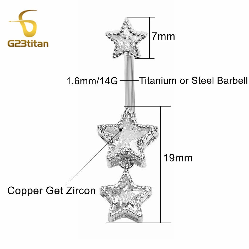 G23titan Zircon Stars Dangle Belly Button Ring 14G 6-16mm Titanium Bar Hypoallergenic Navel Piercings Women Sexy Jewelry Ombligo
