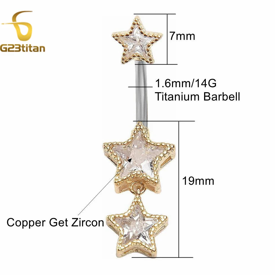 G23titan Zircon Stars Dangle Belly Button Ring 14G 6-16mm Titanium Bar Hypoallergenic Navel Piercings Women Sexy Jewelry Ombligo