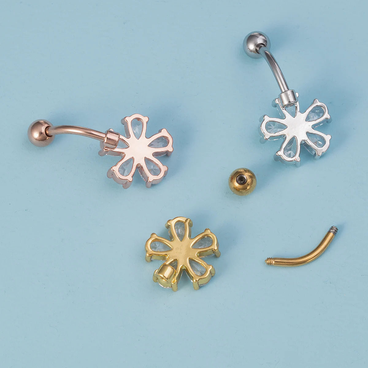 Flower Zircon Belly Button Ring Navel Piercing Stud Stainless Steel Bar Ombligo Stud Body Jewelry