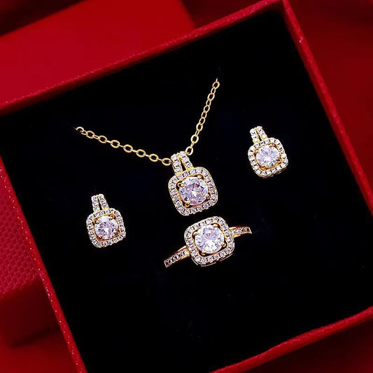Women's Zircon Fashion Jewellery Set Gem Pendant Chain Choker Necklace Rings Earrings