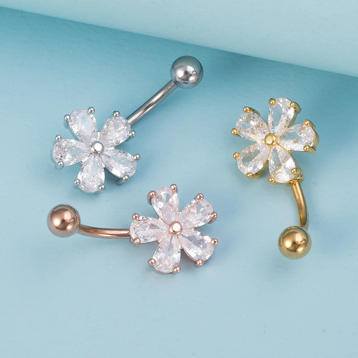 Flower Zircon Belly Button Ring Navel Piercing Stud Stainless Steel Bar Ombligo Stud Body Jewelry