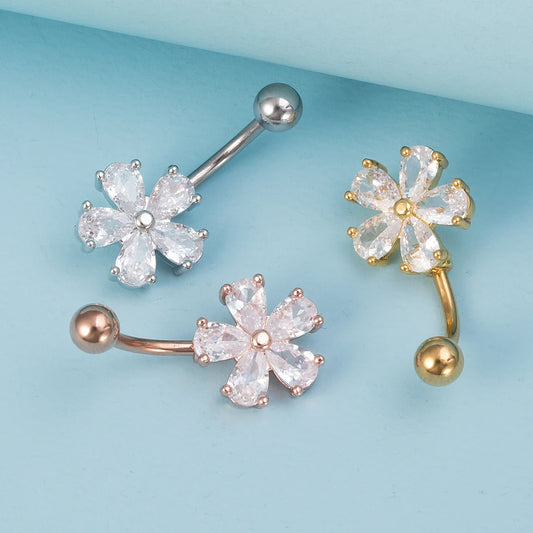 Flower Zircon Belly Button Ring Navel Piercing Stud Stainless Steel Bar Ombligo Stud Body Jewelry