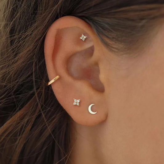Dainty Flower Stainless Steel Butterfly Stud Earrings for Women Cartilage Ear Ring Cute Zircon Gold Color Clover Jewelry Gift