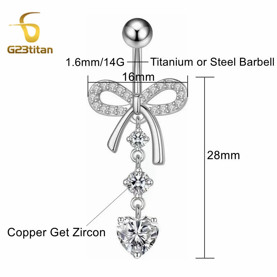 Titan Crystal Bowknot Heart Drop Belly Button Ring 6-16mm Titanium Curved Barbell 14G Navel Piercing Women Girls Body Jewelry