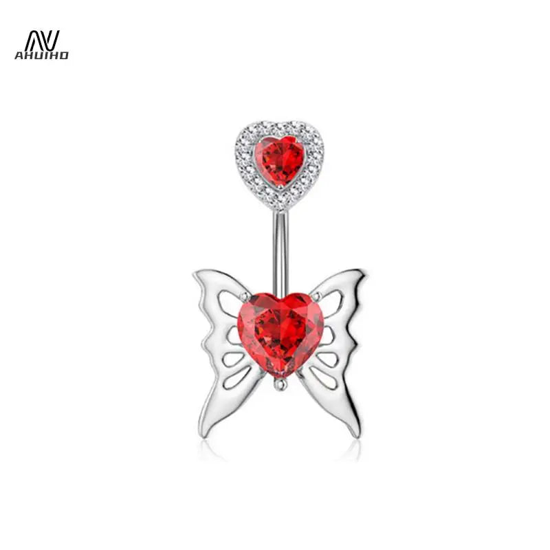 Fashion Punk Style Stainless Steel Belly Button Rings Red Color Zircon Crystal Navel Nail For Women Simple Body Piercing Jewelry