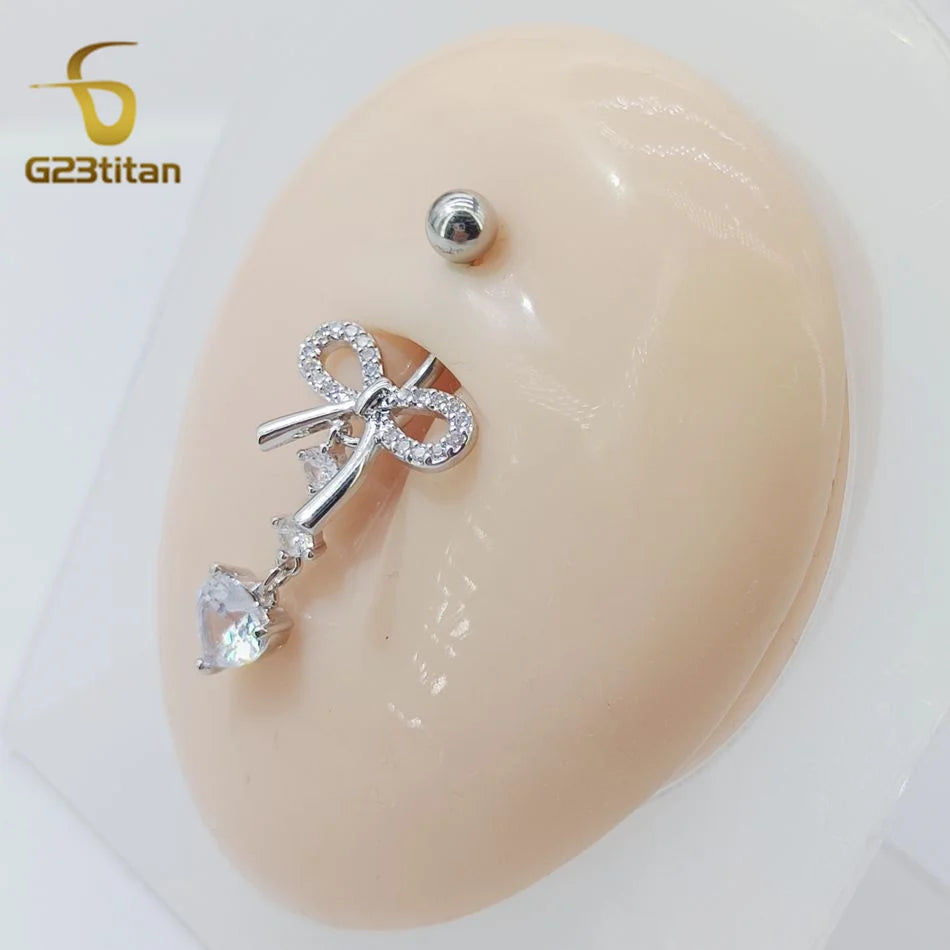 Titan Crystal Bowknot Heart Drop Belly Button Ring 6-16mm Titanium Curved Barbell 14G Navel Piercing Women Girls Body Jewelry