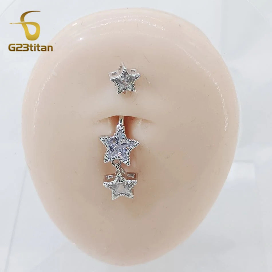 G23titan Zircon Stars Dangle Belly Button Ring 14G 6-16mm Titanium Bar Hypoallergenic Navel Piercings Women Sexy Jewelry Ombligo