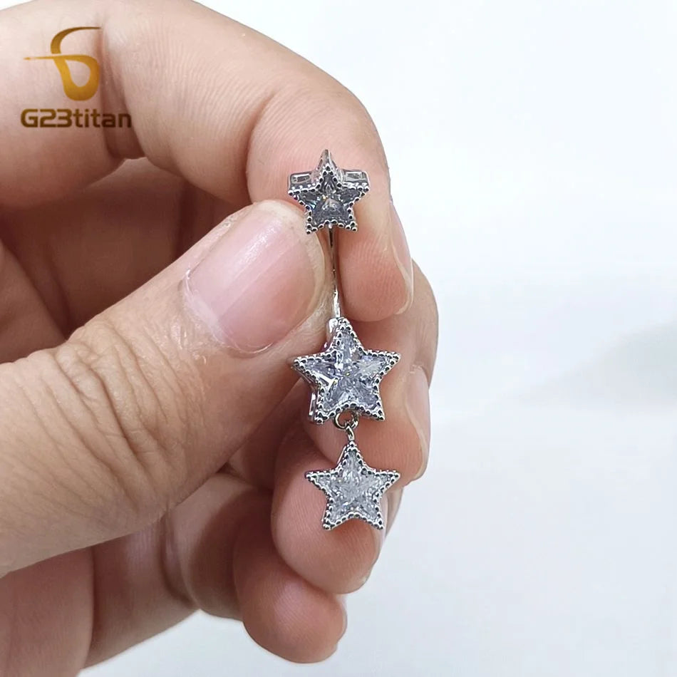 G23titan Zircon Stars Dangle Belly Button Ring 14G 6-16mm Titanium Bar Hypoallergenic Navel Piercings Women Sexy Jewelry Ombligo