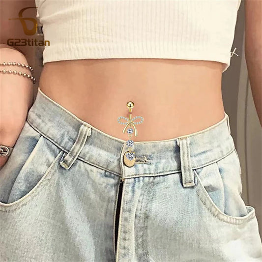 Titan Crystal Bowknot Heart Drop Belly Button Ring 6-16mm Titanium Curved Barbell 14G Navel Piercing Women Girls Body Jewelry