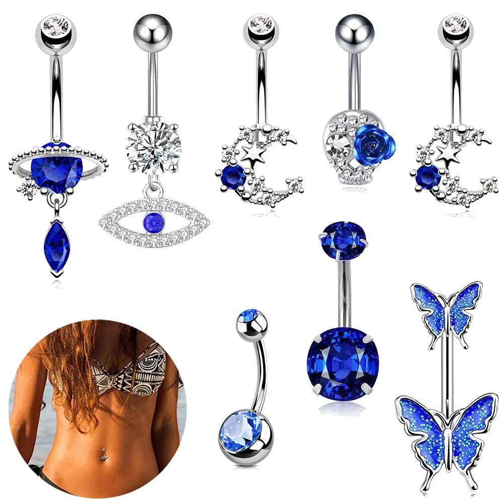 Stainless Steel Blue Belly Button Ring Navel Tragu Piercing Barbell Heart  Butterfly Body Jewelry Punk Accessories for Women