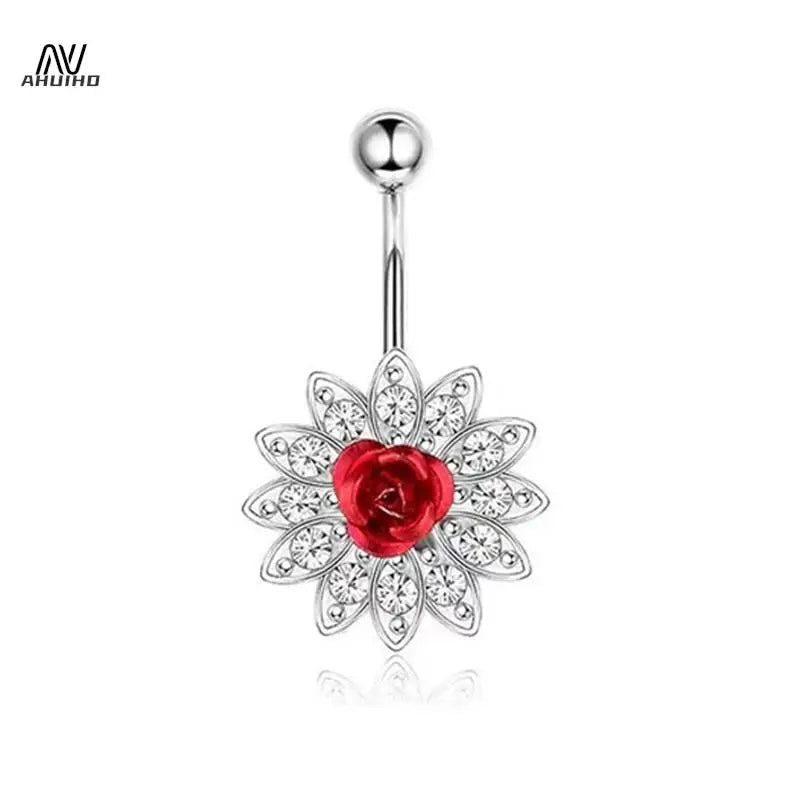 Fashion Punk Style Stainless Steel Belly Button Rings Red Color Zircon Crystal Navel Nail For Women Simple Body Piercing Jewelry