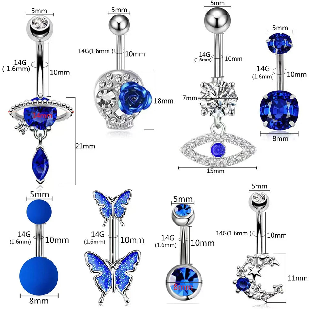 Stainless Steel Blue Belly Button Ring Navel Tragu Piercing Barbell Heart  Butterfly Body Jewelry Punk Accessories for Women
