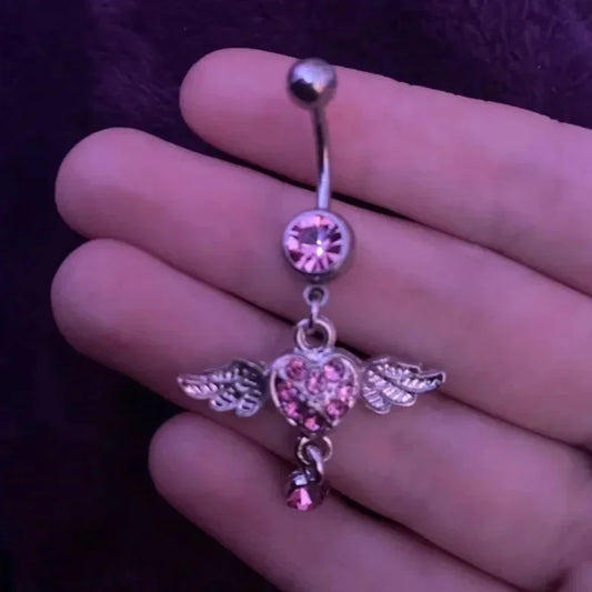 New Angle Wings Pink Zircon Fashion High Quality Surgical Steel Navel Piercing Belly Button Rings Belly Piercing Body Jewelry