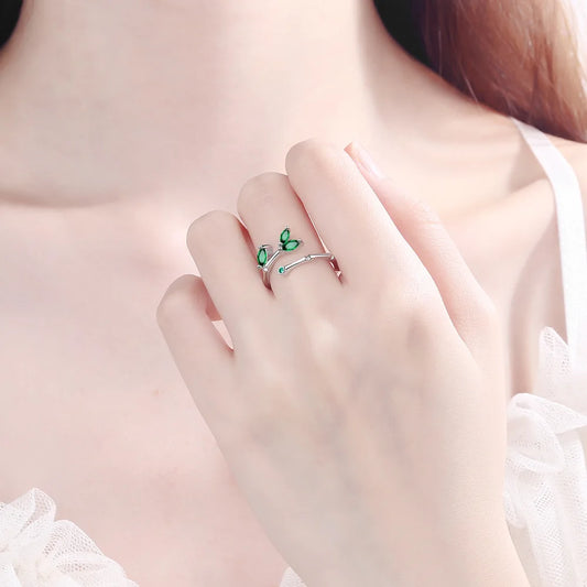 925 Sterling Silver Twig Green Leaf Rings For Women Luxury Designer Jewelry Accessorie  GaaBou Jewellery