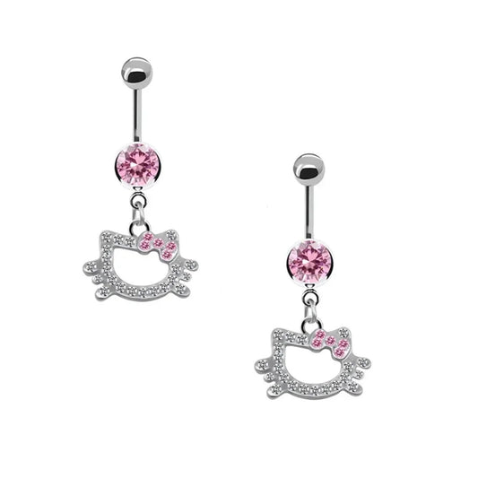 Stainless Steel Sexy Belly Button Ring For Women,Trendy Pink Cute Cat Design Navel Piercing Jewelry