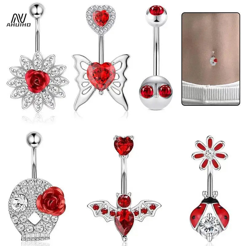 Fashion Punk Style Stainless Steel Belly Button Rings Red Color Zircon Crystal Navel Nail For Women Simple Body Piercing Jewelry