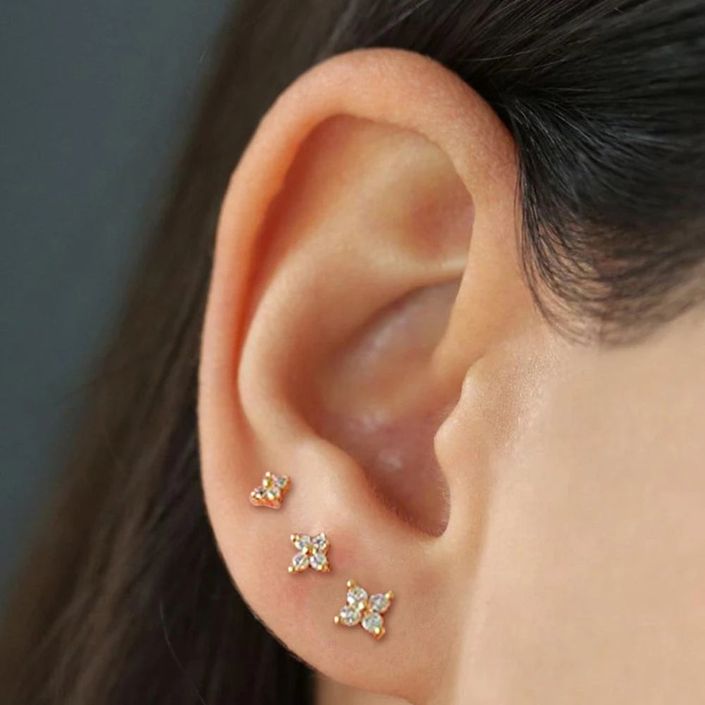 Dainty Flower Stainless Steel Butterfly Stud Earrings for Women Cartilage Ear Ring Cute Zircon Gold Color Clover Jewelry Gift