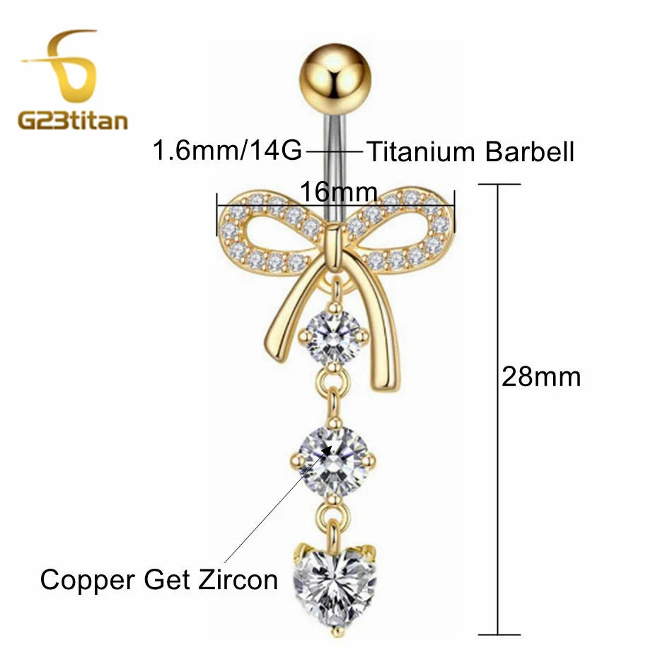Titan Crystal Bowknot Heart Drop Belly Button Ring 6-16mm Titanium Curved Barbell 14G Navel Piercing Women Girls Body Jewelry