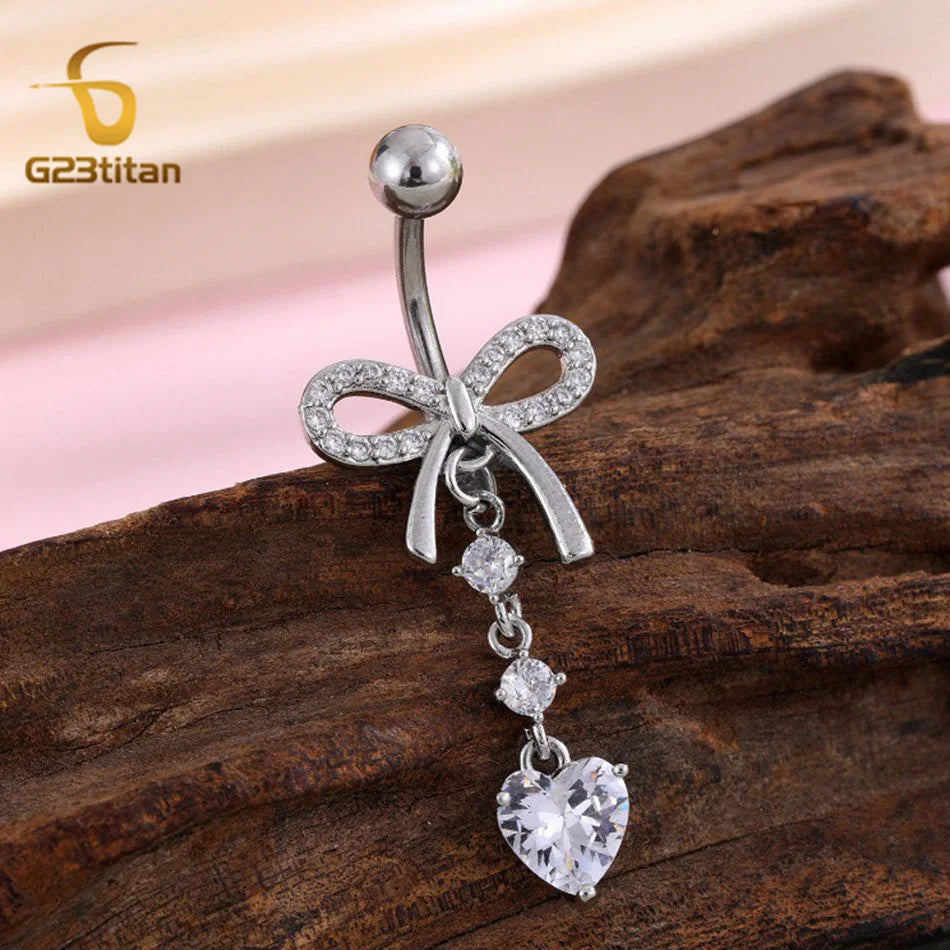 Titan Crystal Bowknot Heart Drop Belly Button Ring 6-16mm Titanium Curved Barbell 14G Navel Piercing Women Girls Body Jewelry