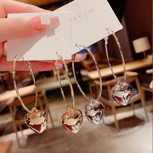 New Heart Pendant Drop Earrings for Women Fashion Gold Color Design Exaggerate Big Circle Hoops Earring Korean Jewelry Gift