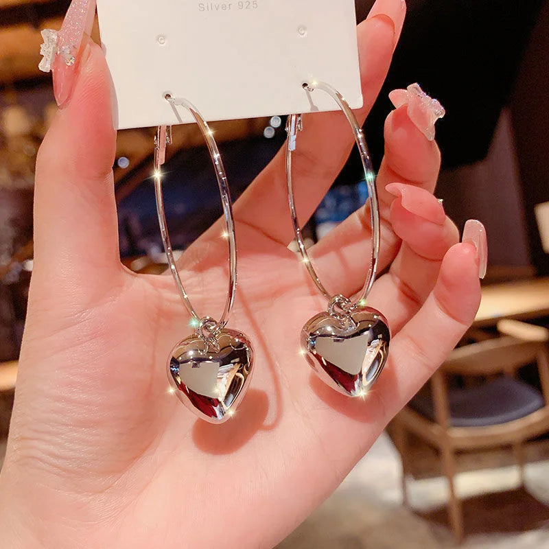 New Heart Pendant Drop Earrings for Women Fashion Gold Color Design Exaggerate Big Circle Hoops Earring Korean Jewelry Gift